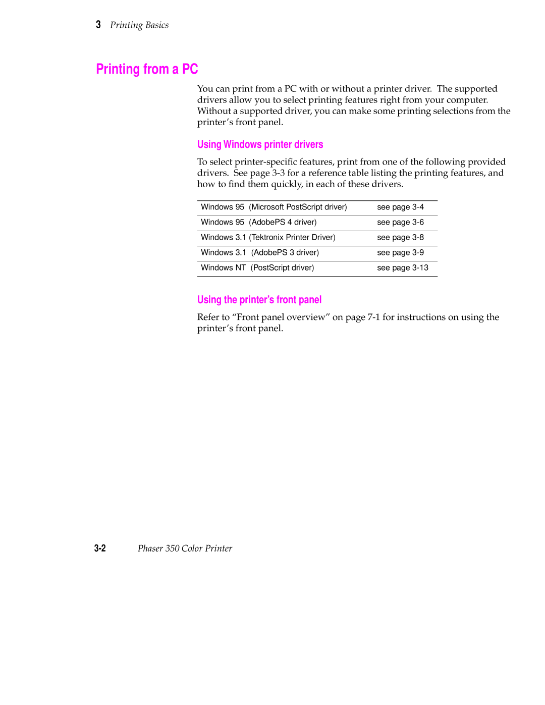 Tektronix Phaser 350 manual Printing from a PC, Using Windows printer drivers, Using the printer’s front panel 