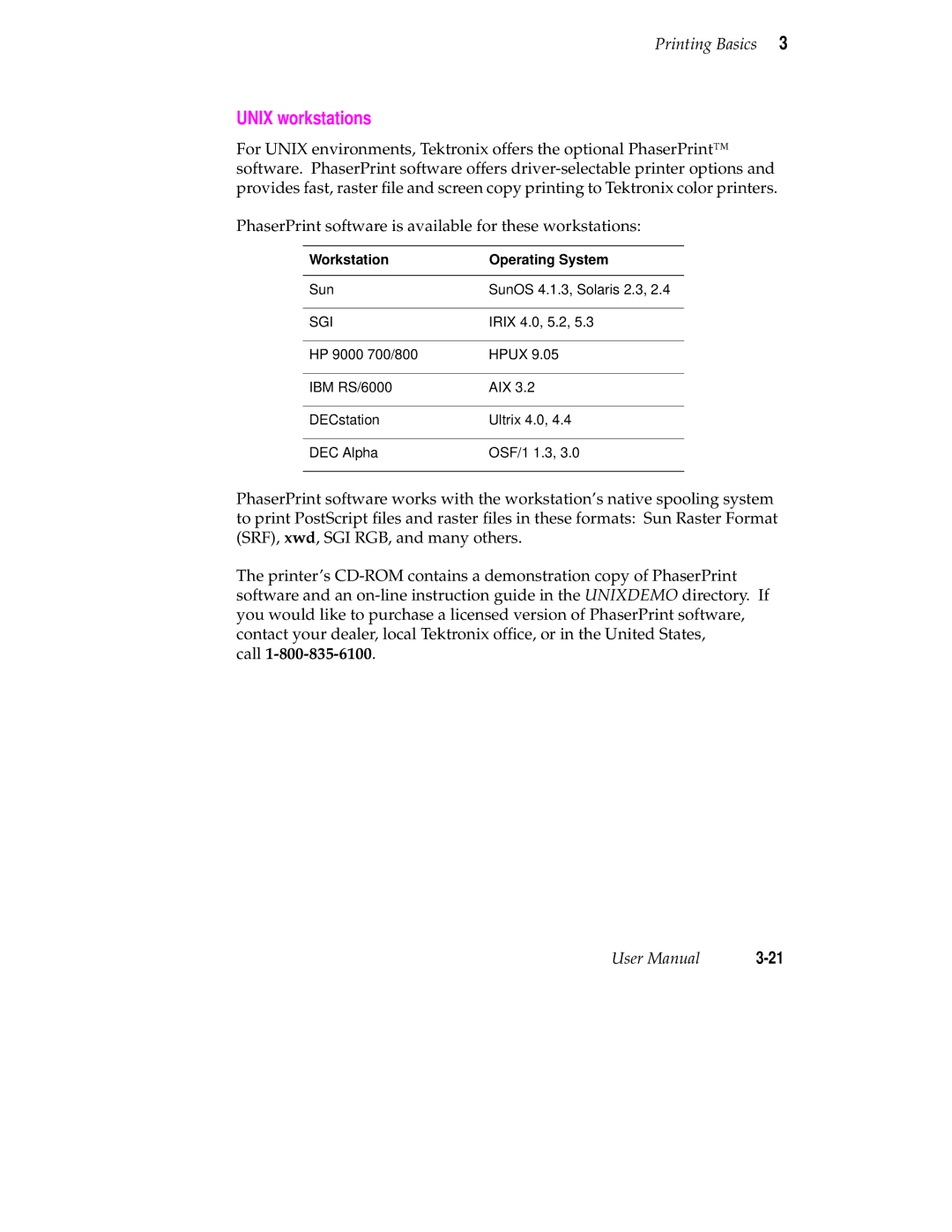 Tektronix Phaser 350 manual Unix workstations, Workstation Operating System 