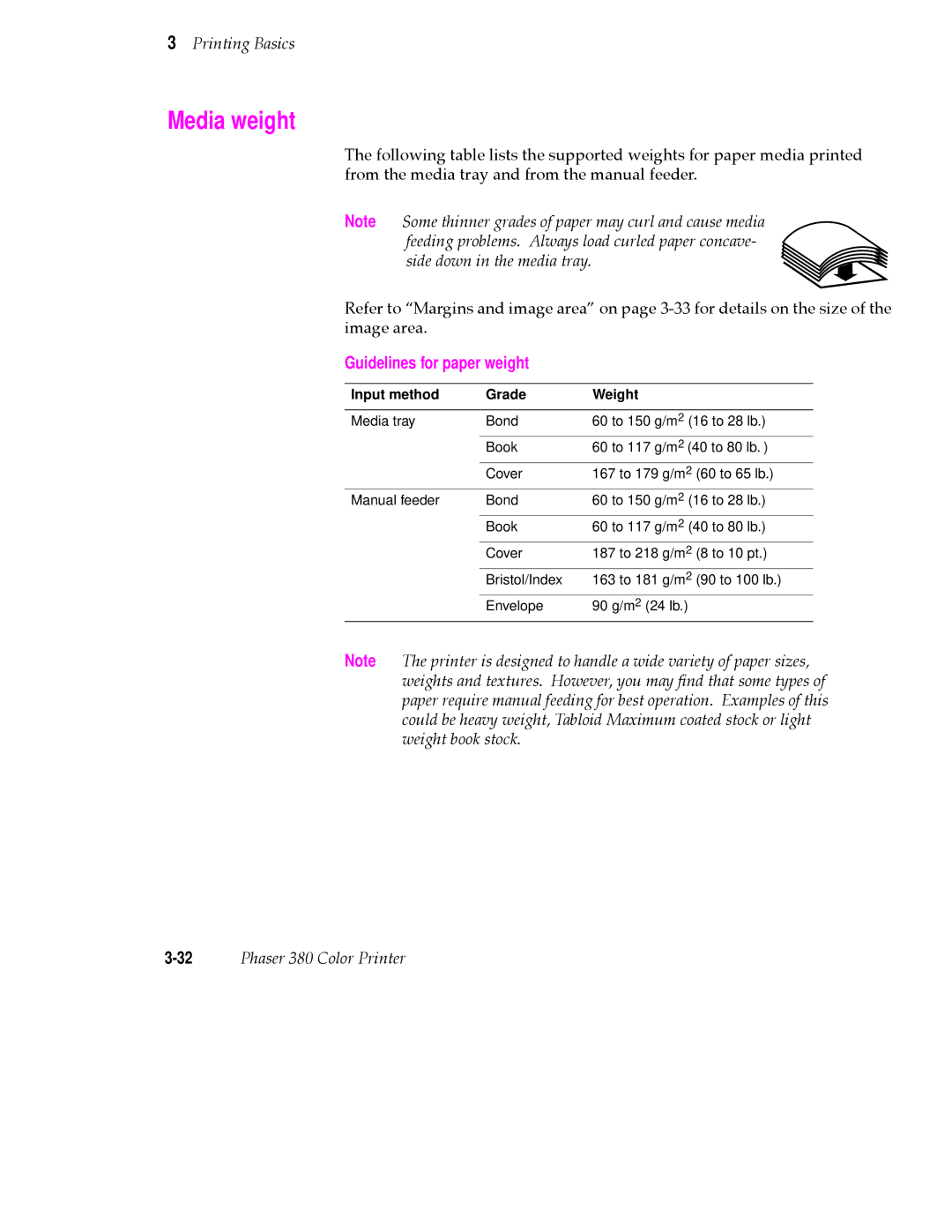 Tektronix PHASER 380 manual Media weight, Input method Grade Weight 