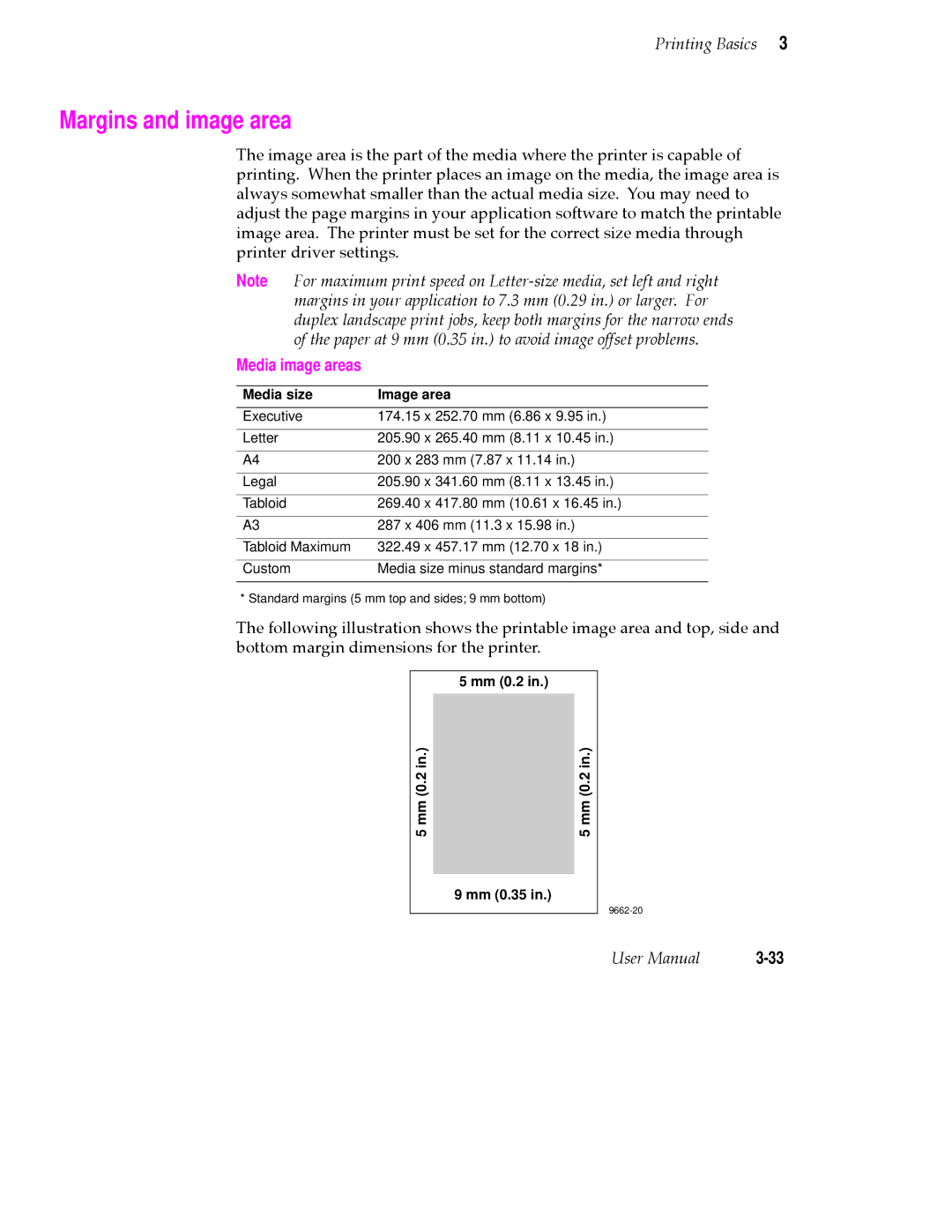 Tektronix PHASER 380 manual Margins and image area, Media size Image area, Mm 0.2 Mm 0.35 