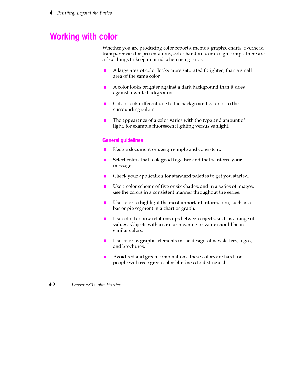 Tektronix PHASER 380 manual Working with color, General guidelines 