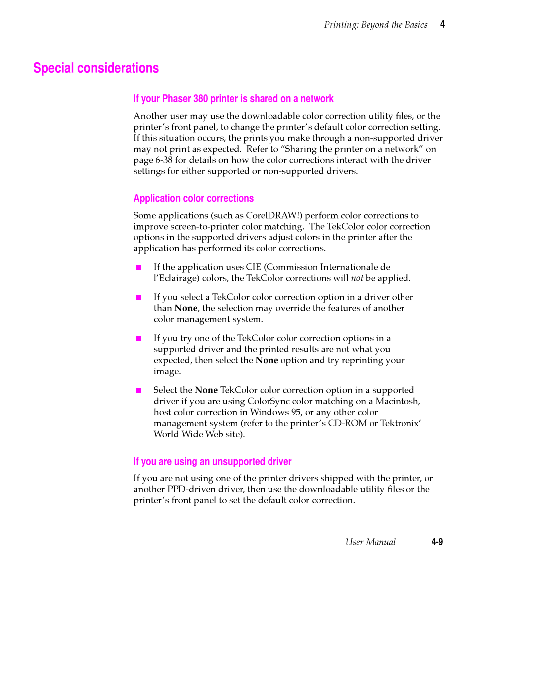 Tektronix PHASER 380 manual Special considerations, If your Phaser 380 printer is shared on a network 