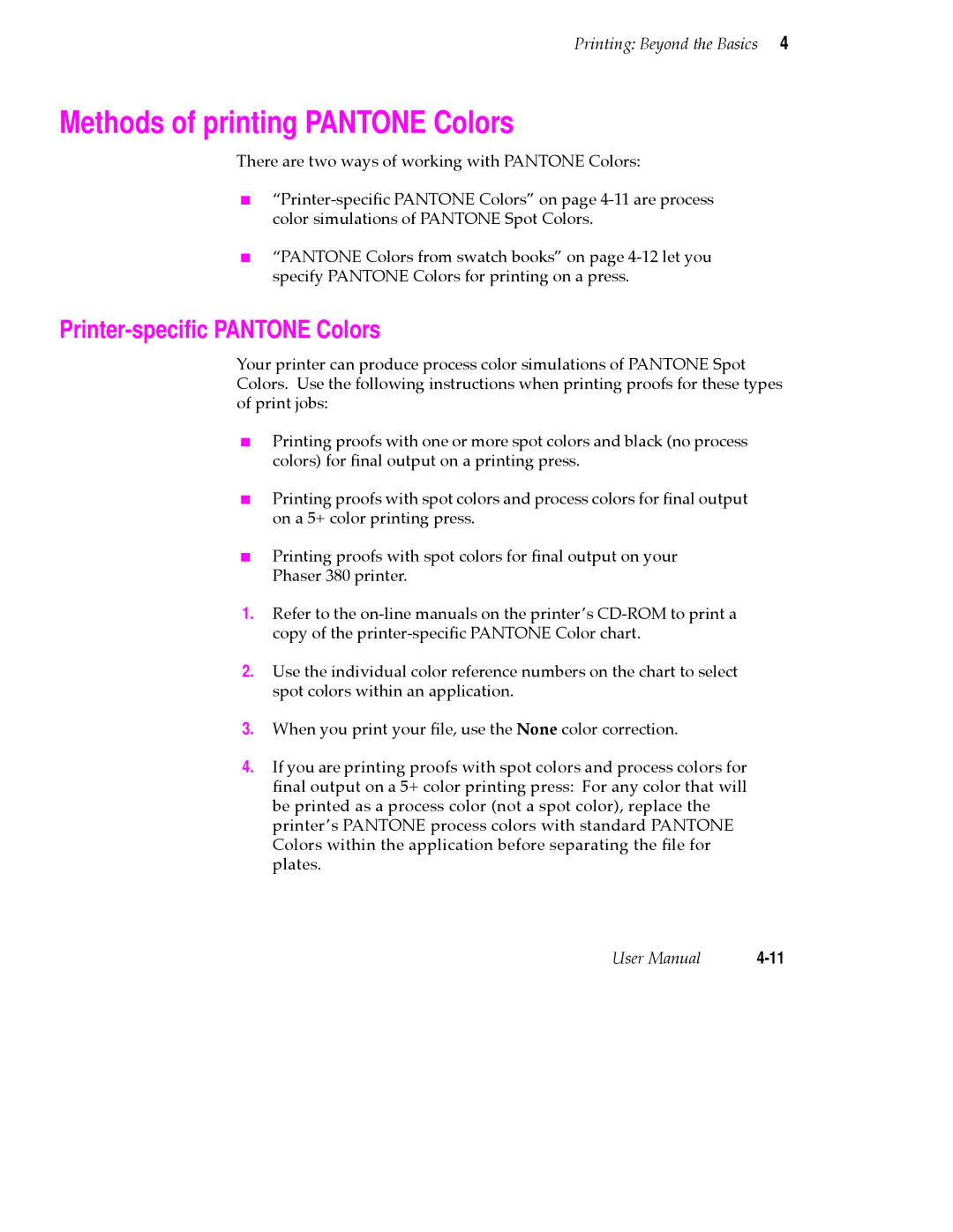 Tektronix PHASER 380 manual Methods of printing Pantone Colors, Printer-speciﬁc Pantone Colors 