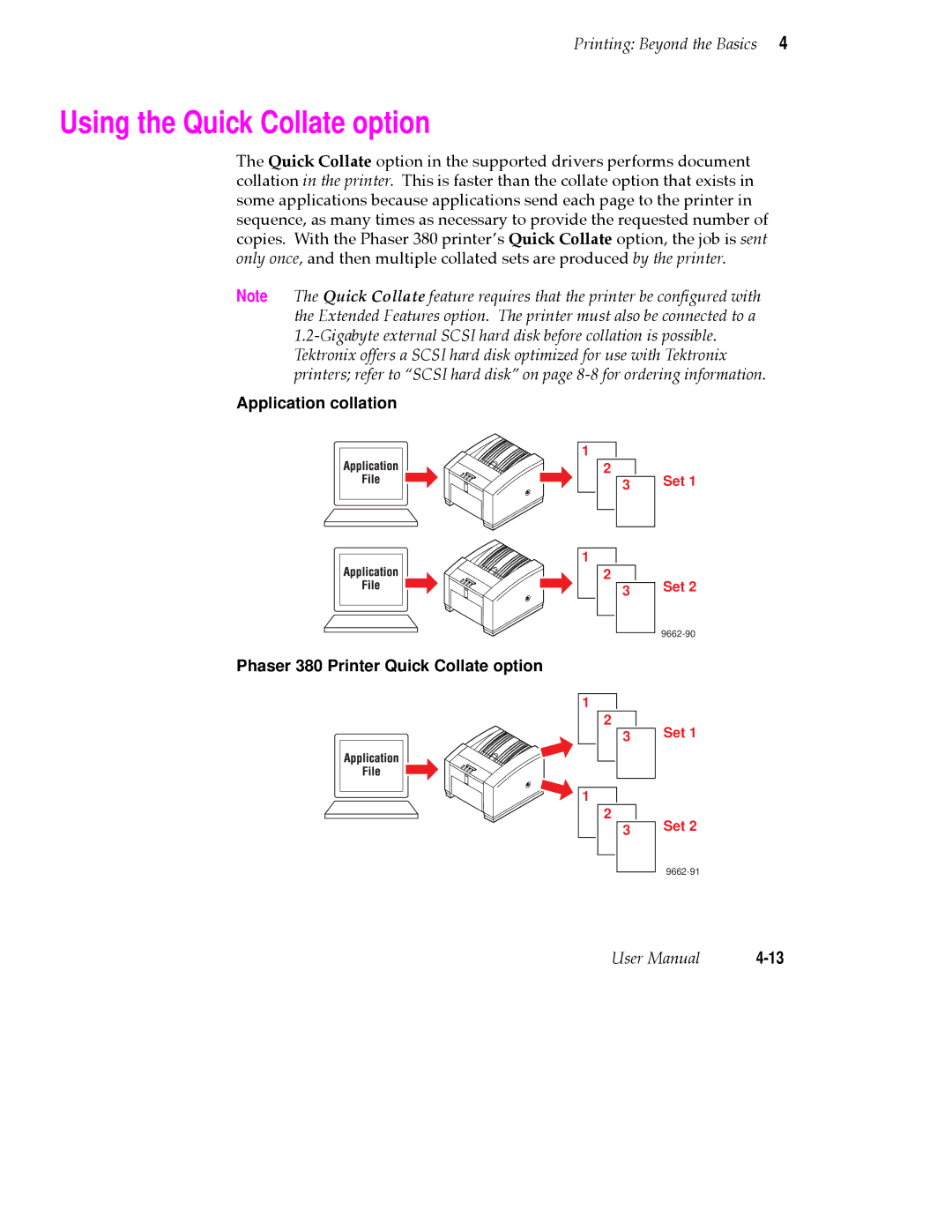 Tektronix PHASER 380 manual Using the Quick Collate option, Phaser 380 Printer Quick Collate option 