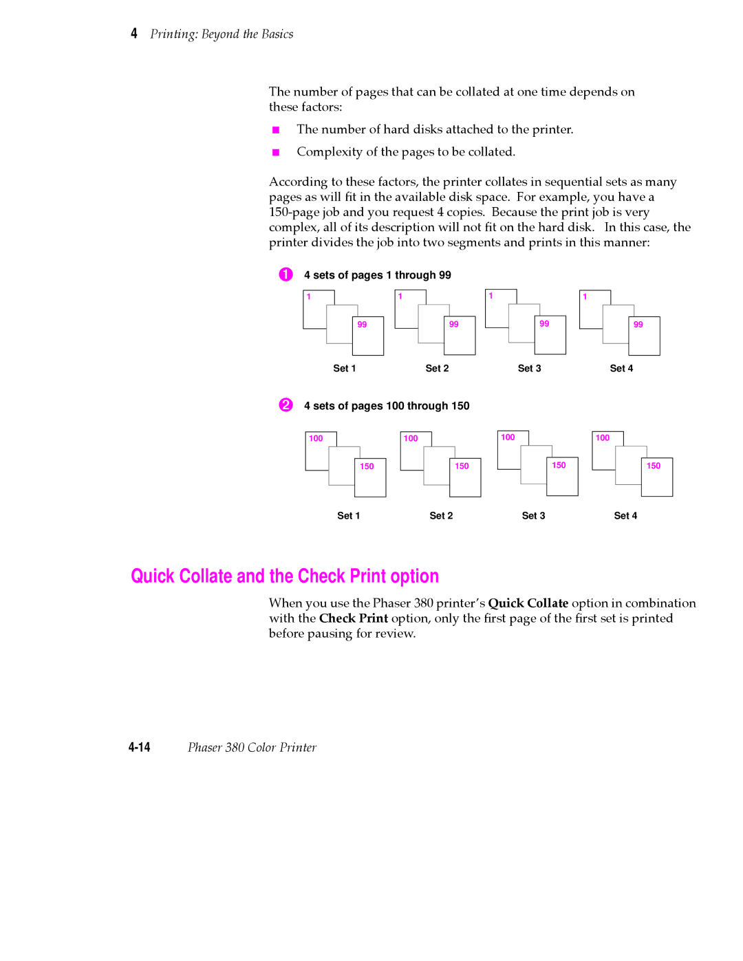 Tektronix PHASER 380 Quick Collate and the Check Print option, ➊ 4 sets of pages 1 through, ➋ 4 sets of pages 100 through 