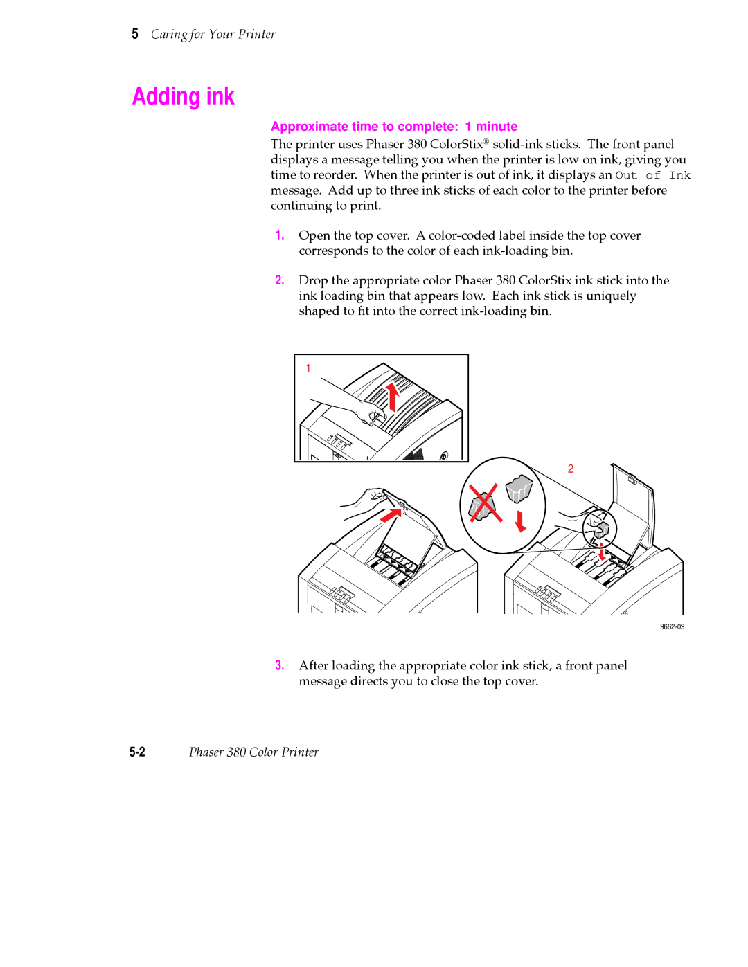 Tektronix PHASER 380 manual Adding ink, Approximate time to complete 1 minute 