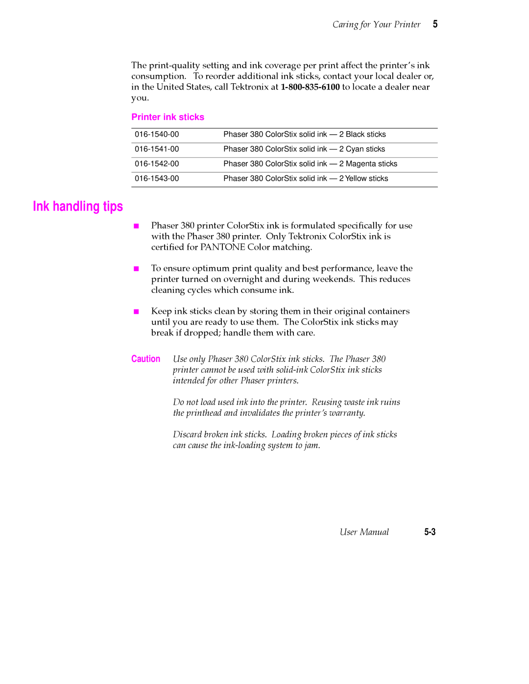 Tektronix PHASER 380 manual Ink handling tips, Printer ink sticks 