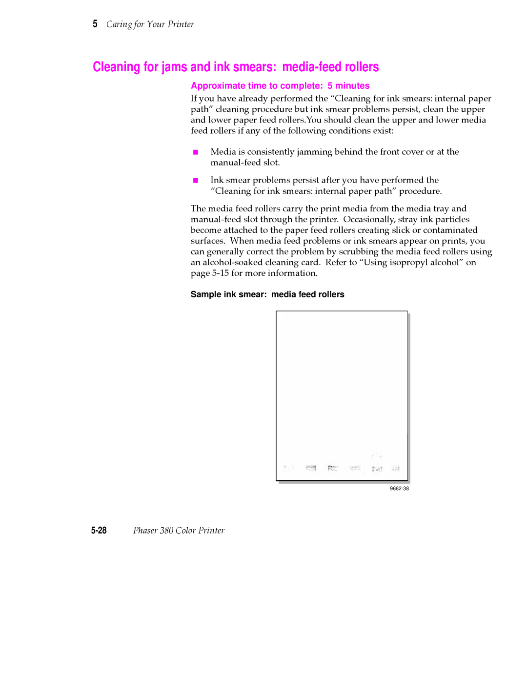 Tektronix PHASER 380 manual Cleaning for jams and ink smears media-feed rollers 