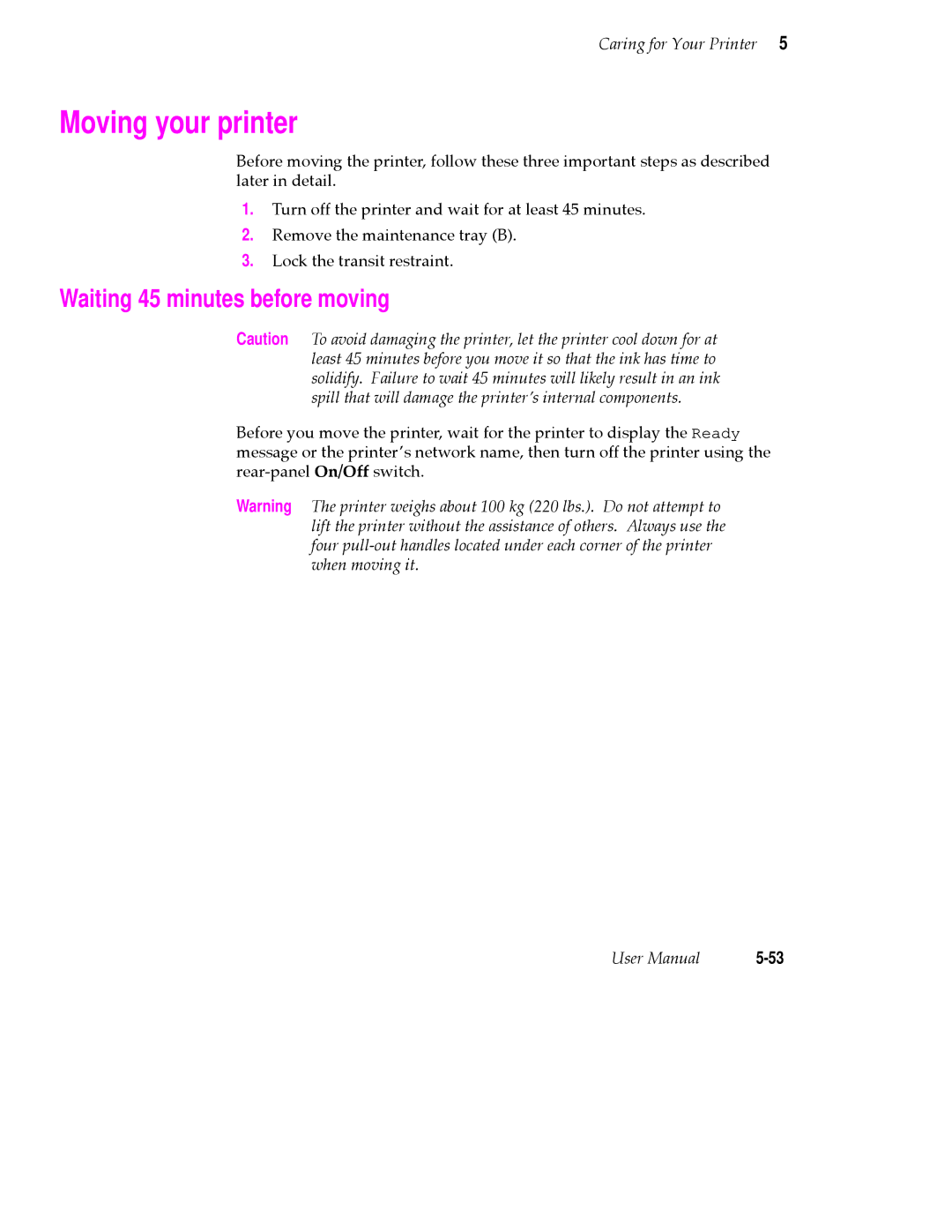 Tektronix PHASER 380 manual Moving your printer, Waiting 45 minutes before moving 