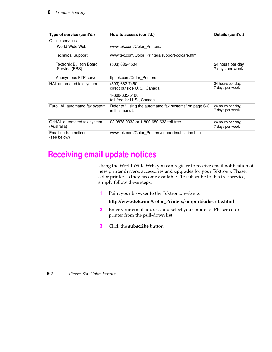 Tektronix PHASER 380 manual Receiving email update notices, Type of service contd How to access contd Details contd 