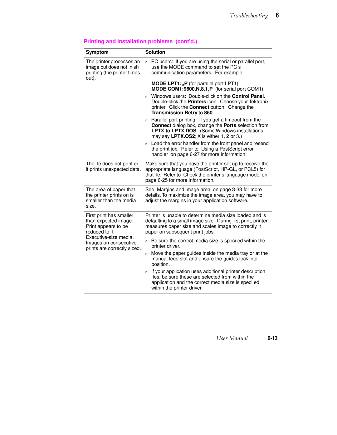 Tektronix PHASER 380 manual Mode COM19600,N,8,1,P for serial port COM1, Transmission Retry to 