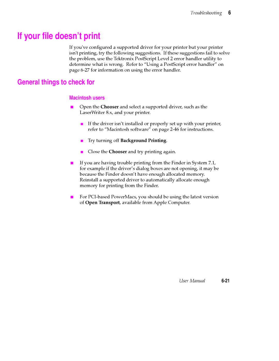 Tektronix PHASER 380 manual If your ﬁle doesn’t print, General things to check for, Macintosh users 