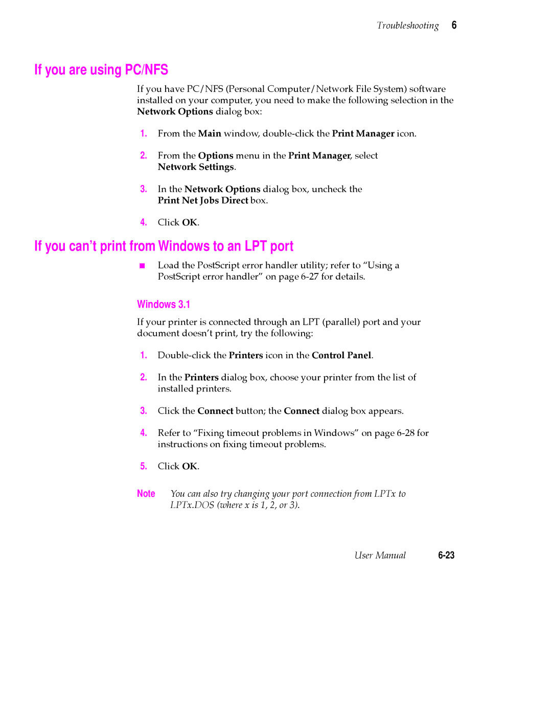 Tektronix PHASER 380 manual If you are using PC/NFS, If you can’t print from Windows to an LPT port 