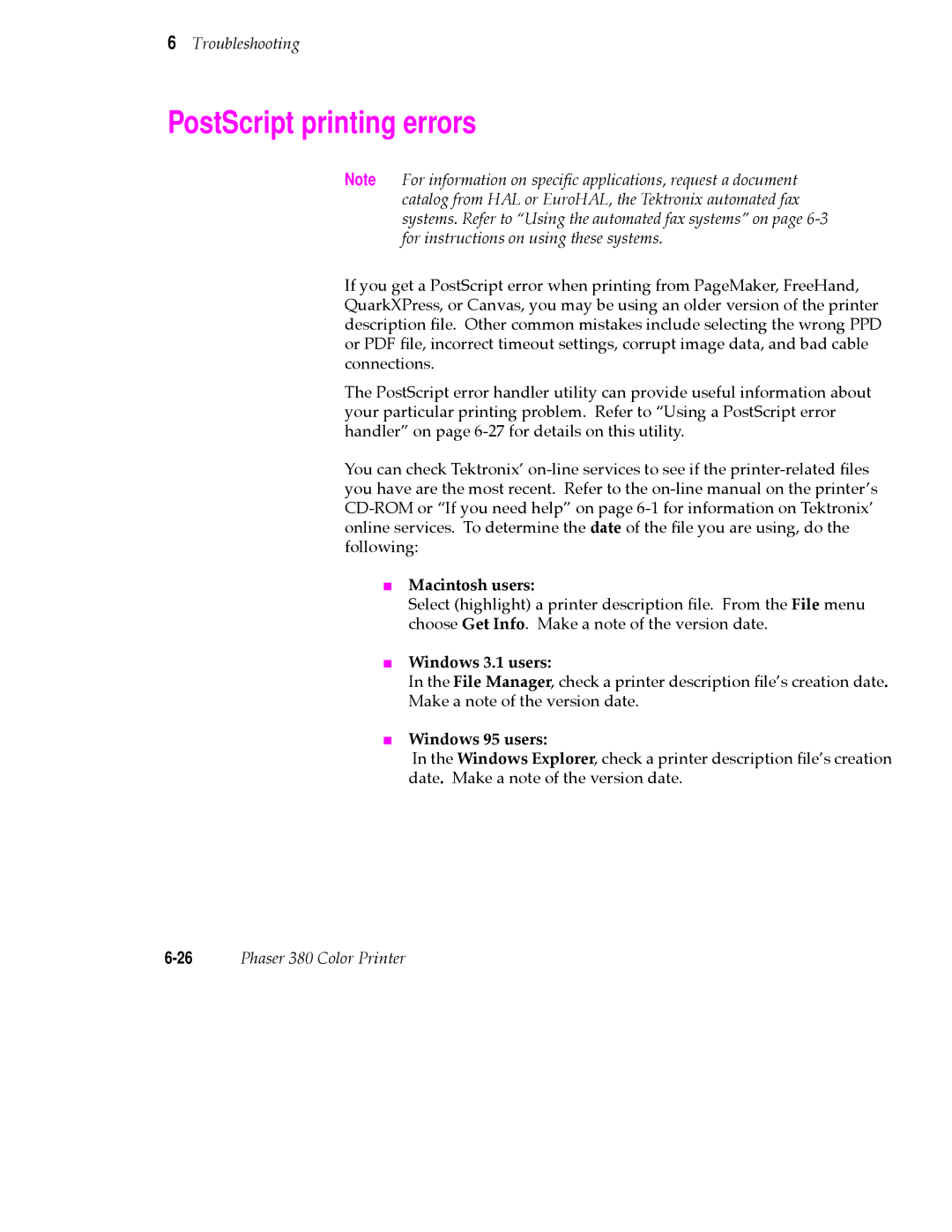 Tektronix PHASER 380 manual PostScript printing errors, Macintosh users 