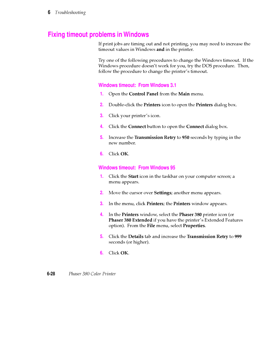 Tektronix PHASER 380 manual Fixing timeout problems in Windows, Windows timeout From Windows 