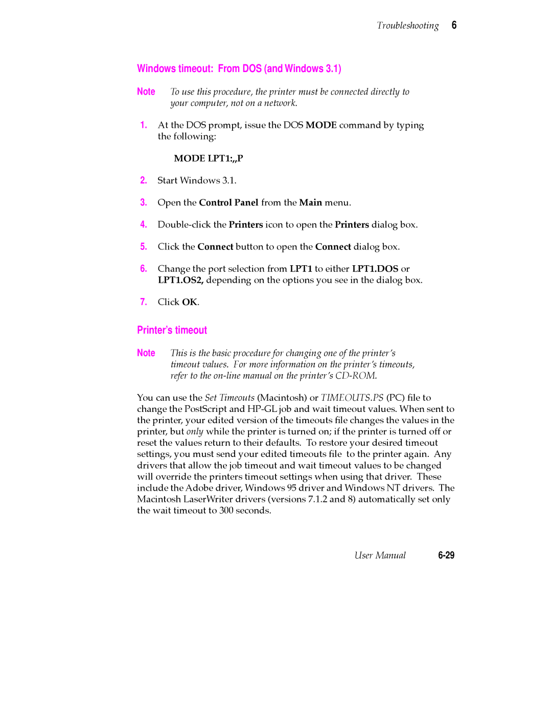 Tektronix PHASER 380 manual Windows timeout From DOS and Windows, Printer’s timeout 