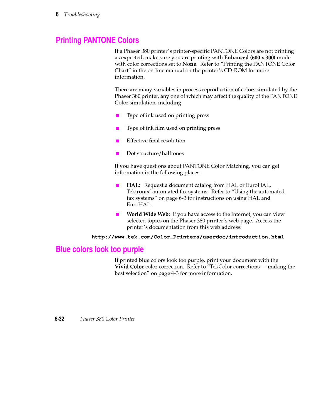 Tektronix PHASER 380 manual Printing Pantone Colors, Blue colors look too purple 
