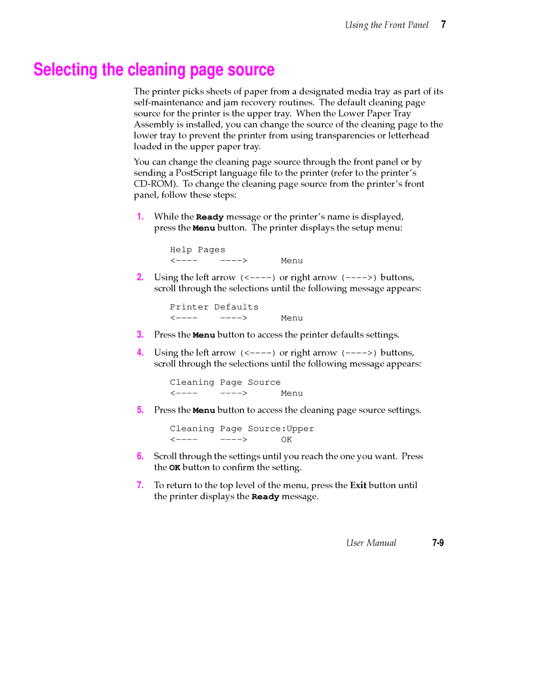 Tektronix PHASER 380 manual Selecting the cleaning page source 