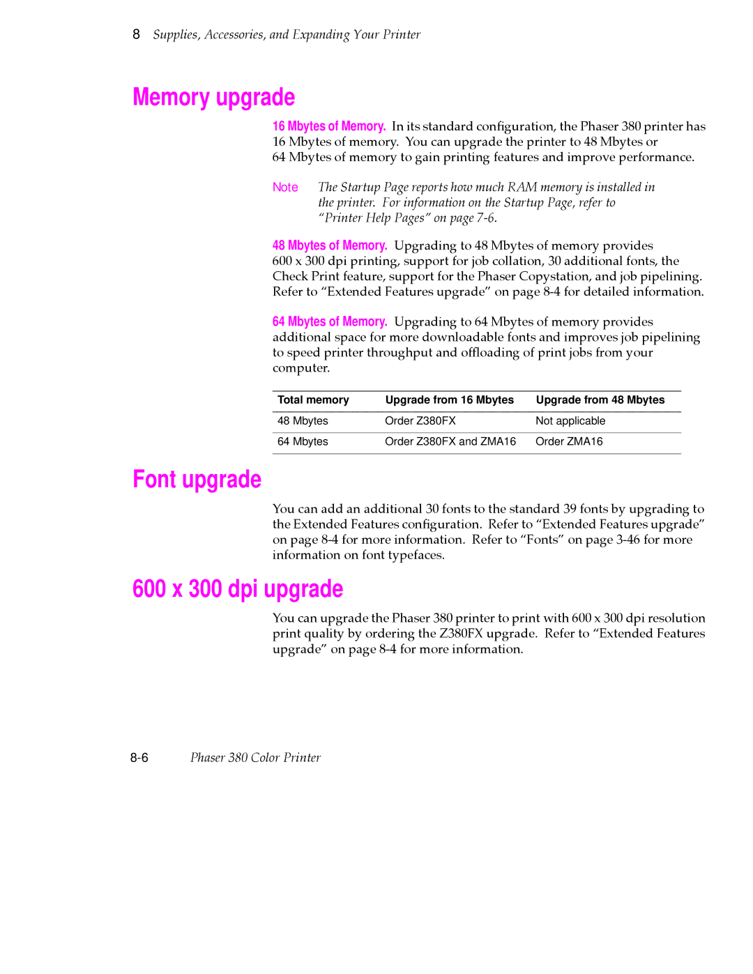 Tektronix PHASER 380 manual Memory upgrade, Font upgrade, 600 x 300 dpi upgrade 