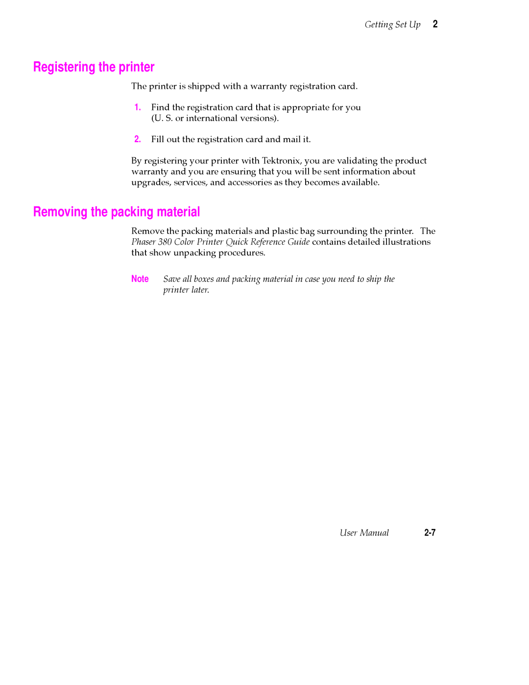 Tektronix PHASER 380 manual Registering the printer, Removing the packing material 