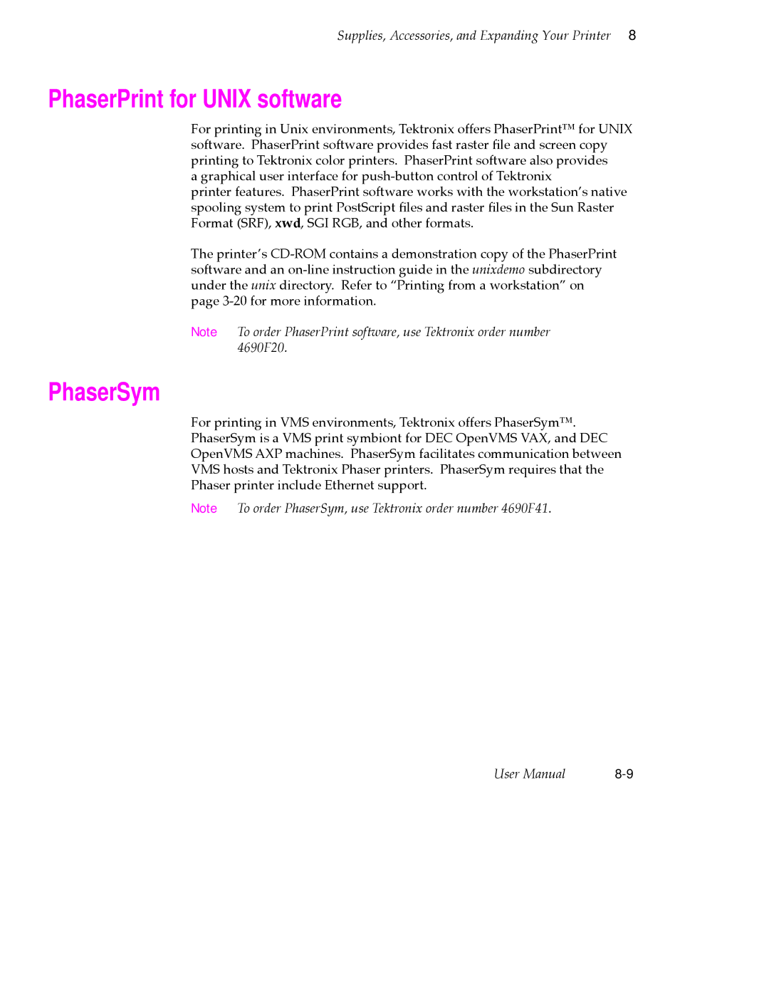 Tektronix PHASER 380 manual PhaserPrint for Unix software, PhaserSym 