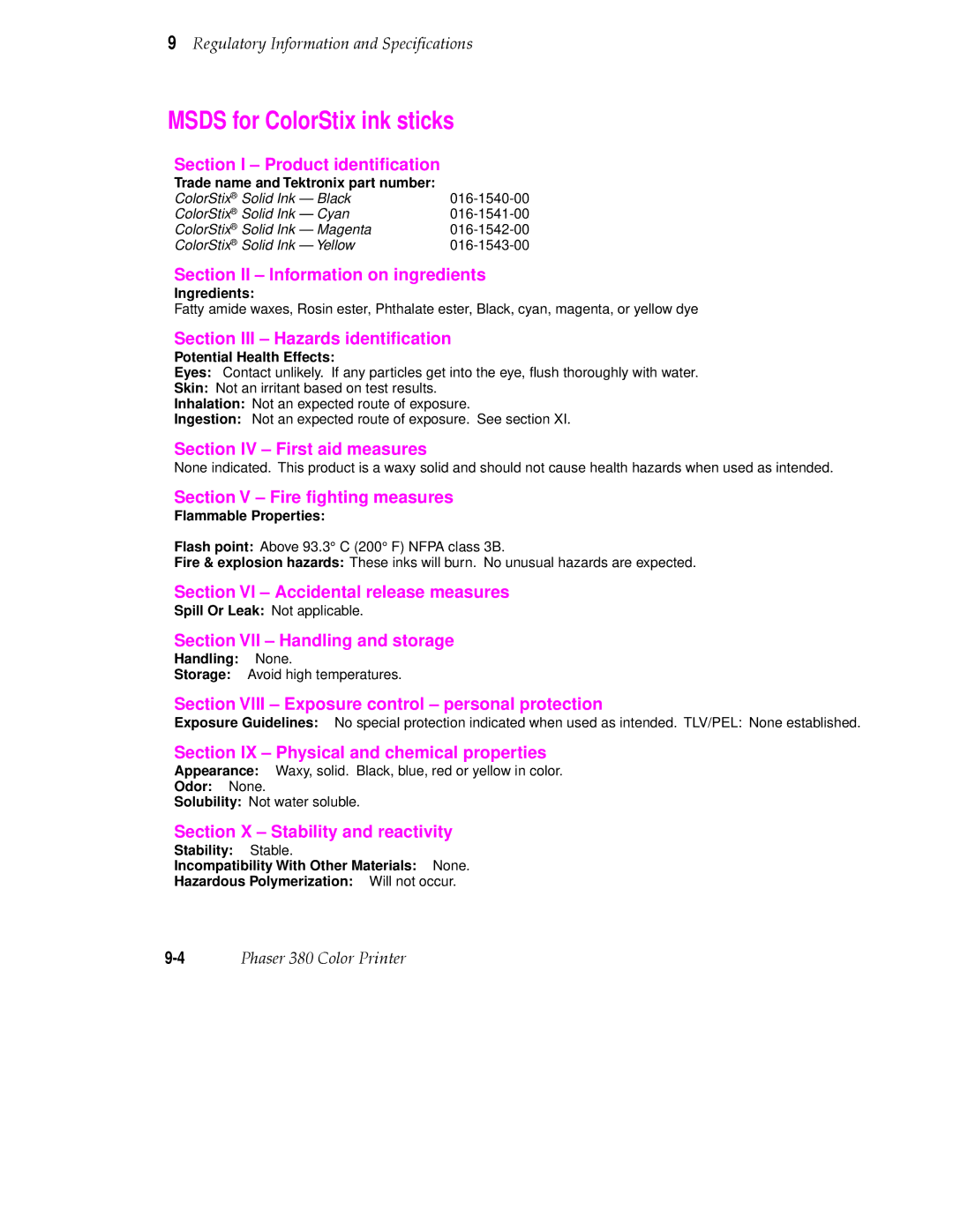 Tektronix PHASER 380 manual Msds for ColorStix ink sticks 