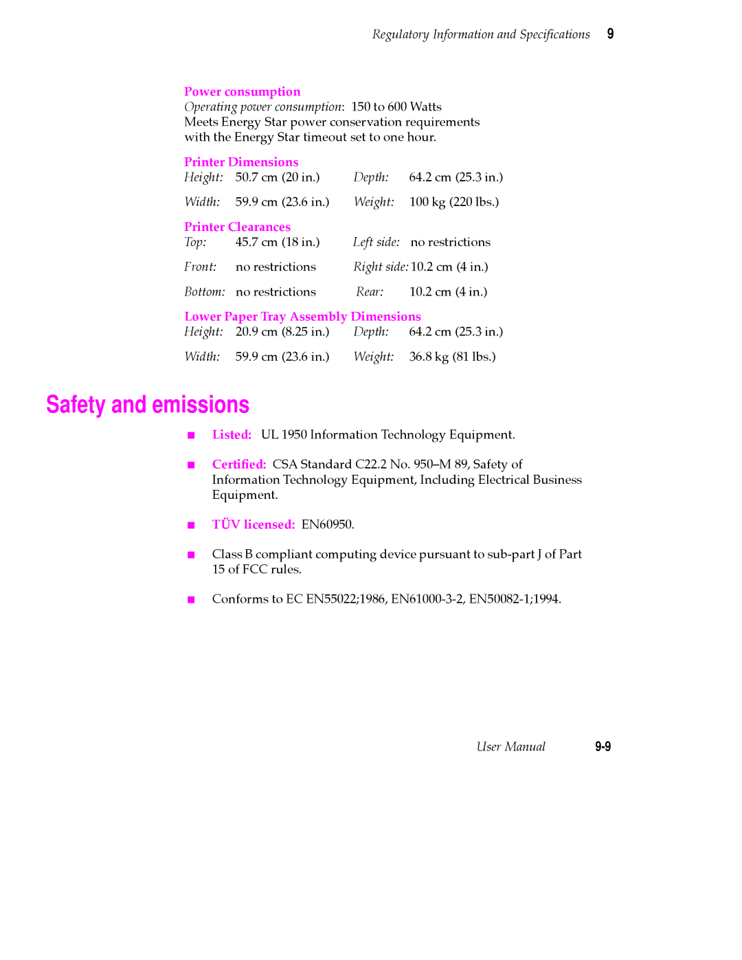 Tektronix PHASER 380 manual Safety and emissions, Power consumption 