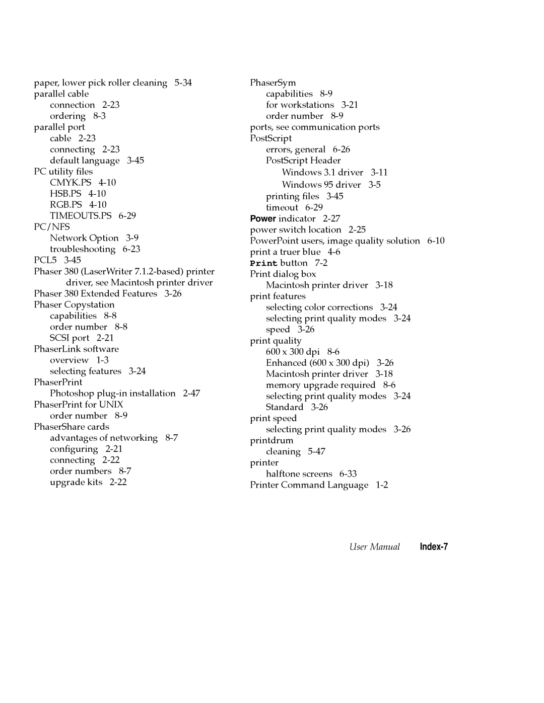 Tektronix PHASER 380 manual Pc/Nfs, Index-7 