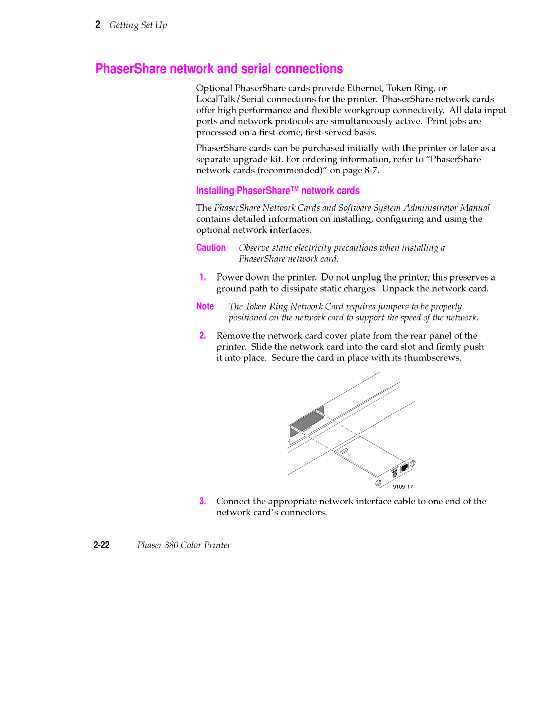 Tektronix PHASER 380 manual PhaserShare network and serial connections, Installing PhaserShare network cards 