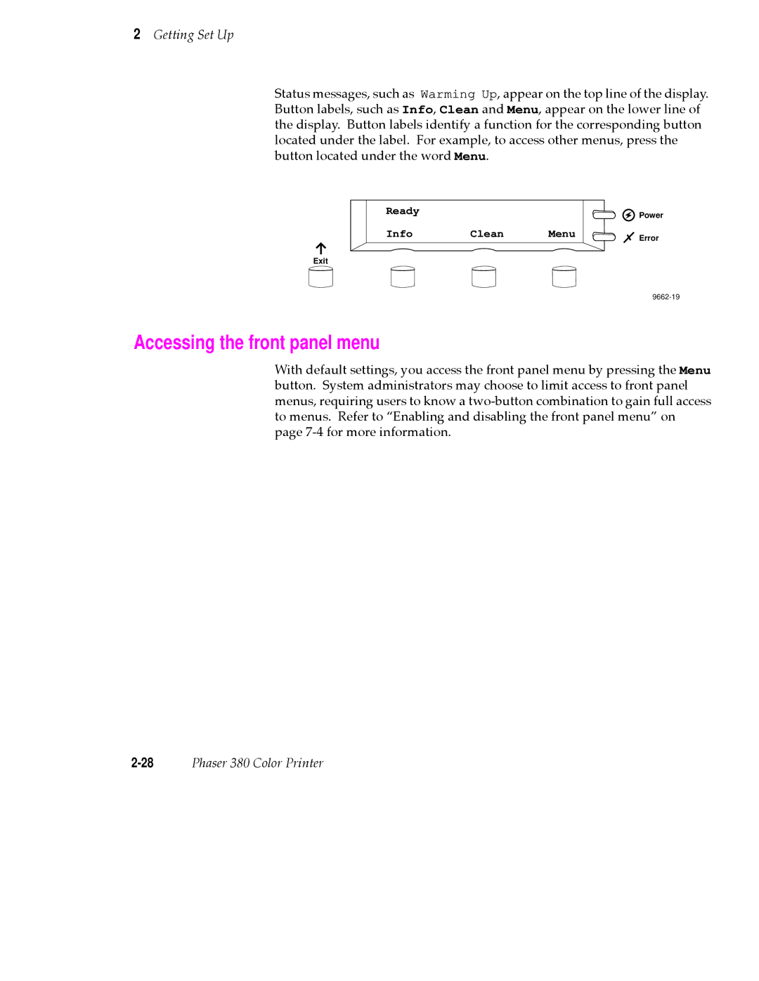 Tektronix PHASER 380 manual Accessing the front panel menu 