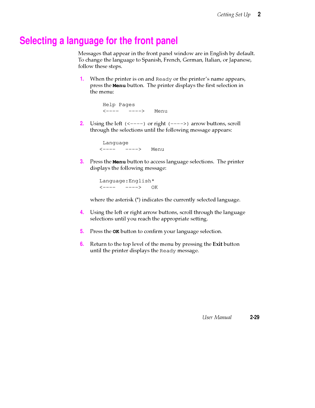 Tektronix PHASER 380 manual Selecting a language for the front panel 