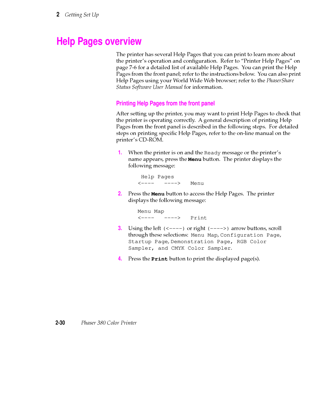 Tektronix PHASER 380 manual Help Pages overview, Printing Help Pages from the front panel 