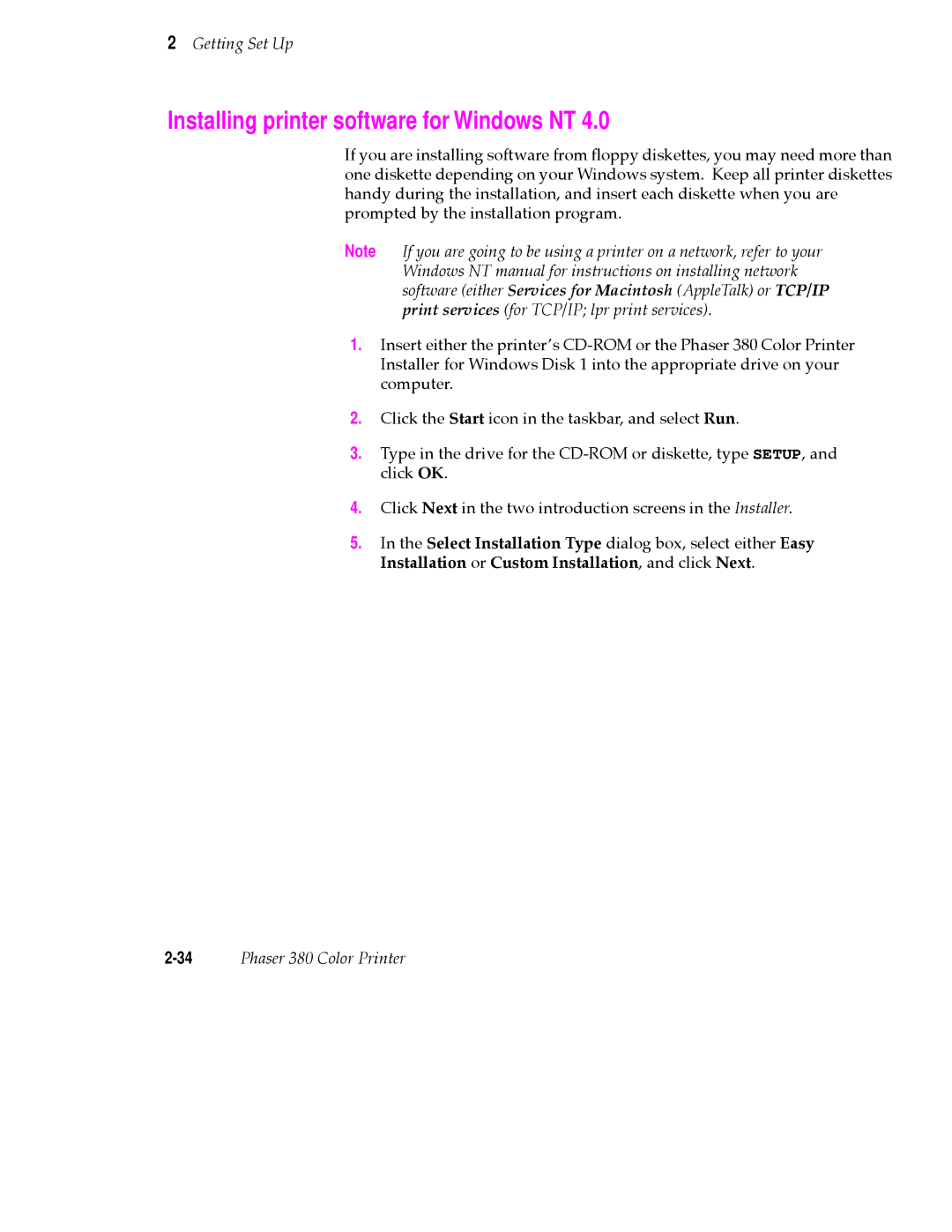 Tektronix PHASER 380 manual Installing printer software for Windows NT 