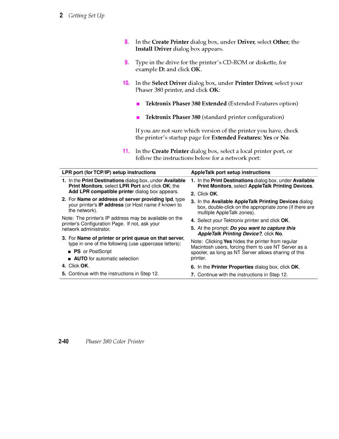 Tektronix PHASER 380 manual For Name or address of server providing lpd, type, Available AppleTalk Printing Devices dialog 