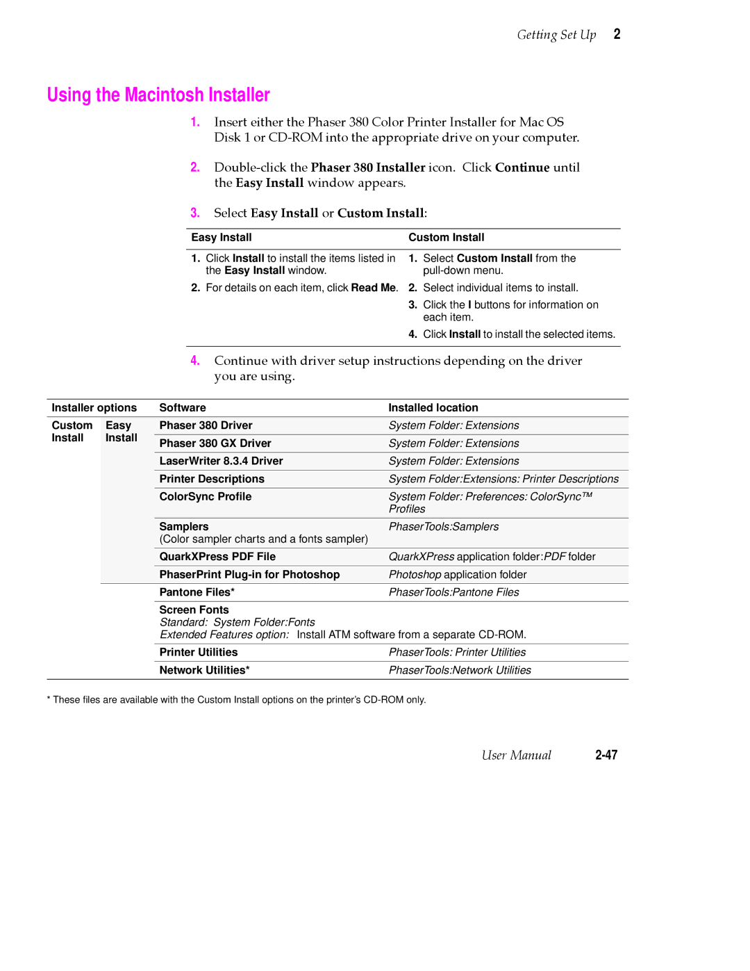 Tektronix PHASER 380 manual Using the Macintosh Installer 