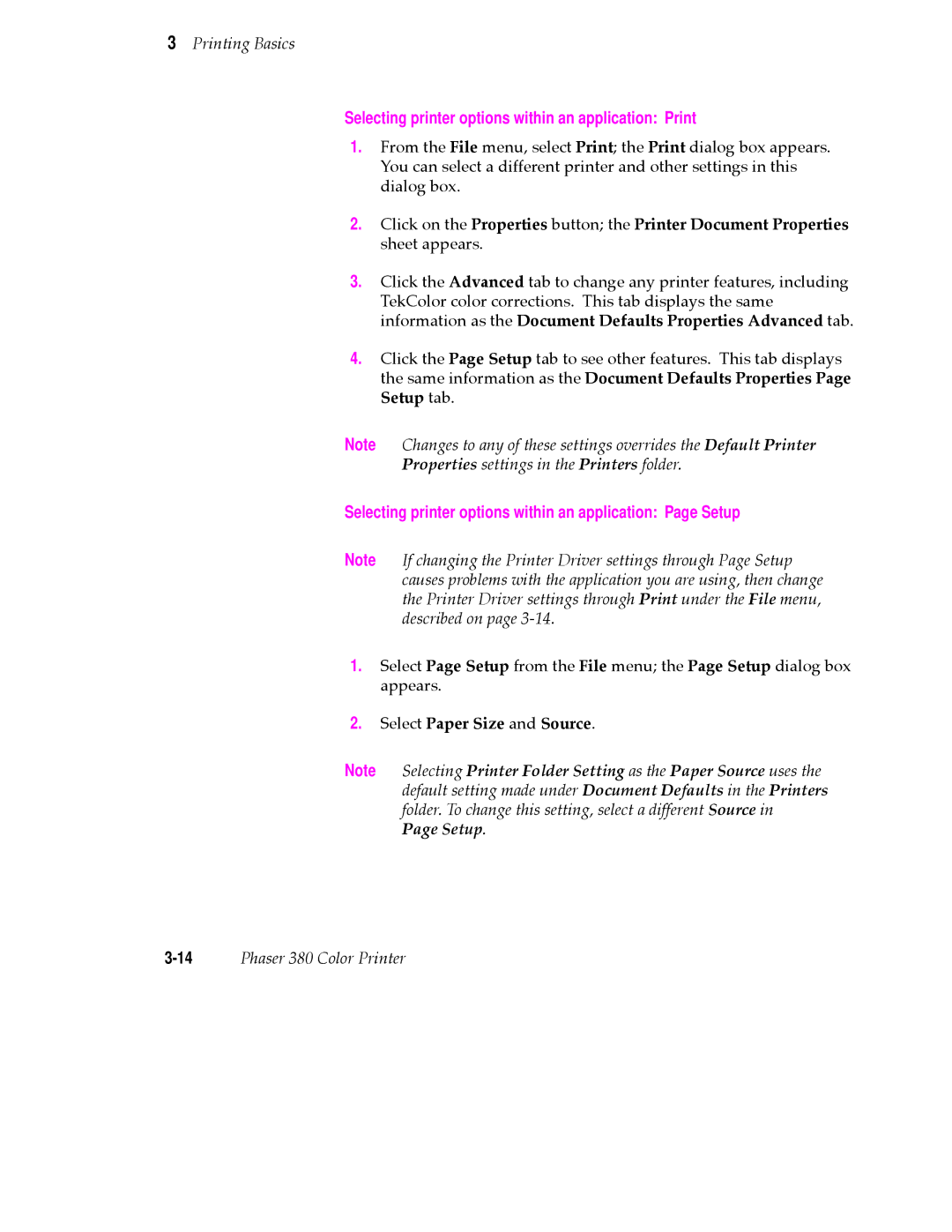 Tektronix PHASER 380 manual Selecting printer options within an application Print 