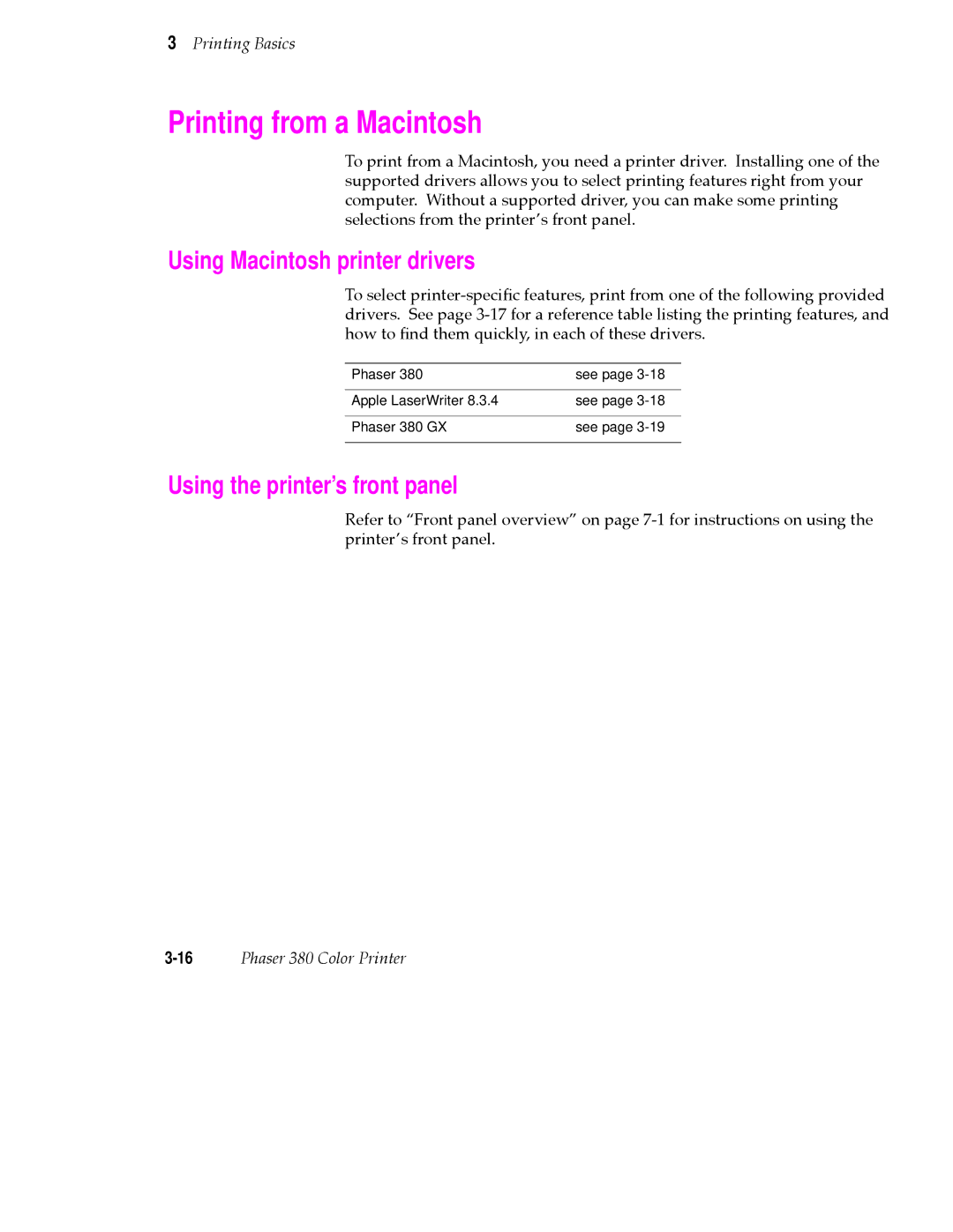 Tektronix PHASER 380 manual Printing from a Macintosh, Using Macintosh printer drivers 