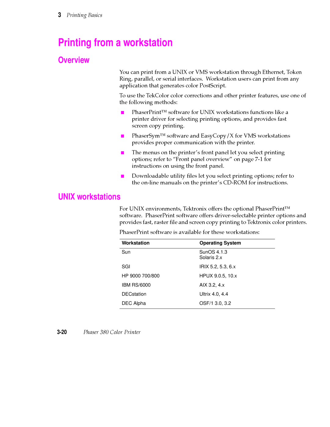 Tektronix PHASER 380 manual Printing from a workstation, Overview, Unix workstations, Workstation Operating System 