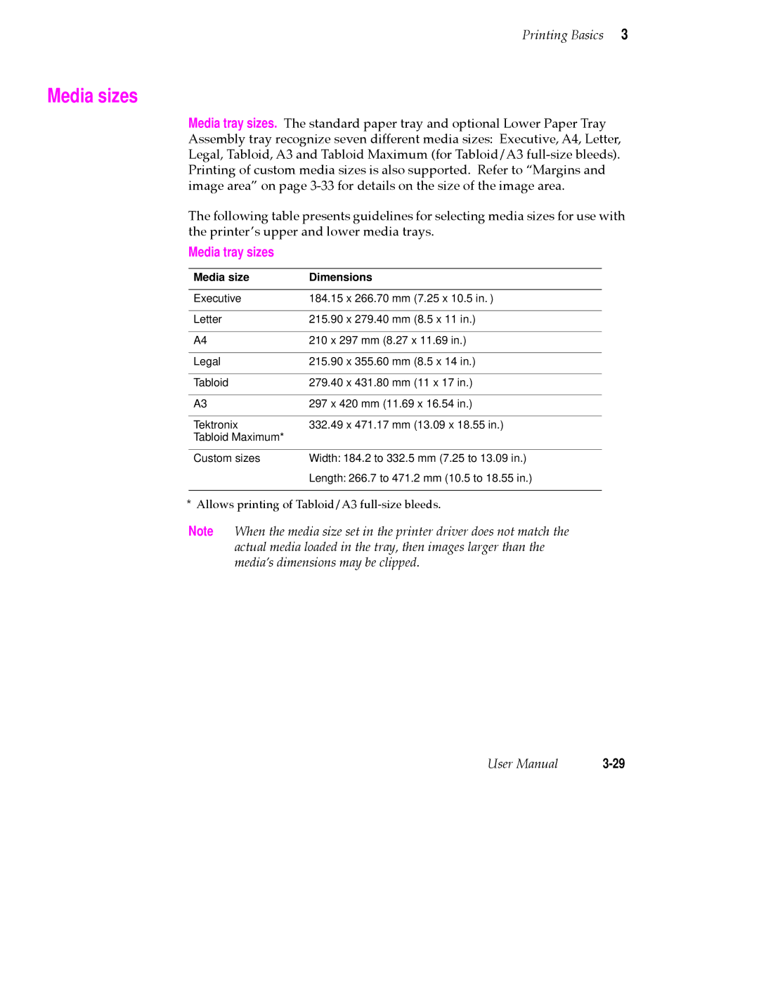 Tektronix PHASER 380 manual Media sizes, Media size Dimensions 