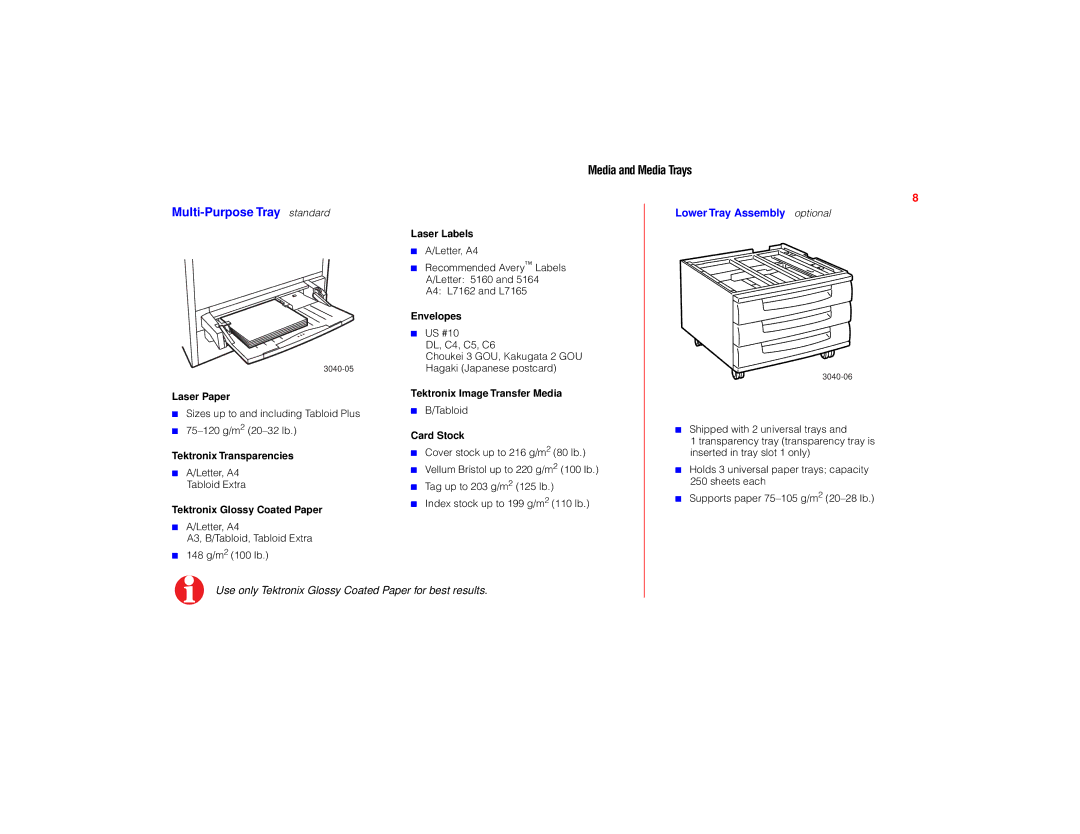 Tektronix PHASER 780 manual Multi-Purpose Tray standard, Lower Tray Assembly optional 