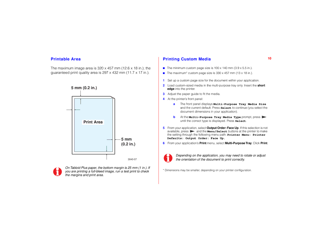 Tektronix PHASER 780 manual Printable Area, Printing Custom Media 