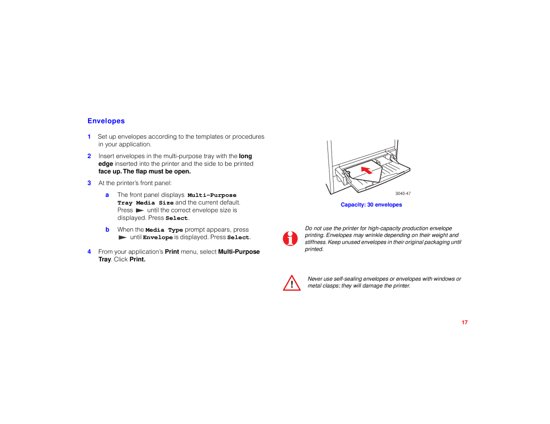 Tektronix PHASER 780 manual Envelopes, Capacity 30 envelopes 