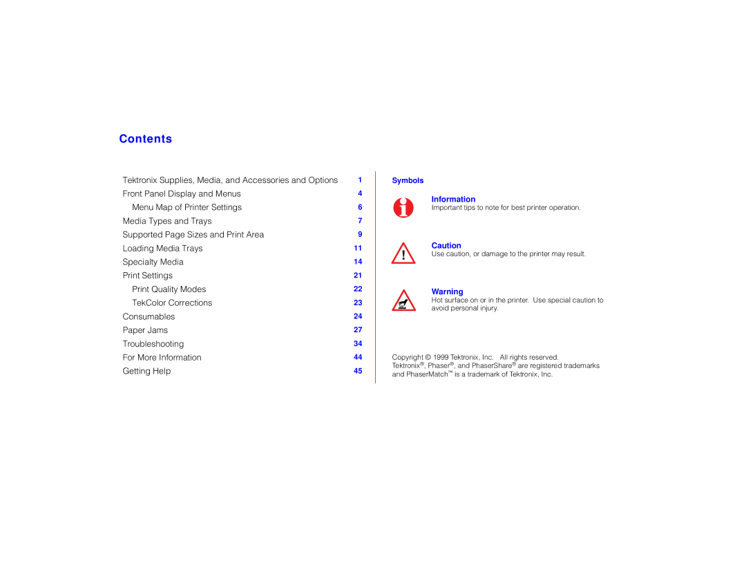 Tektronix PHASER 780 manual Contents 