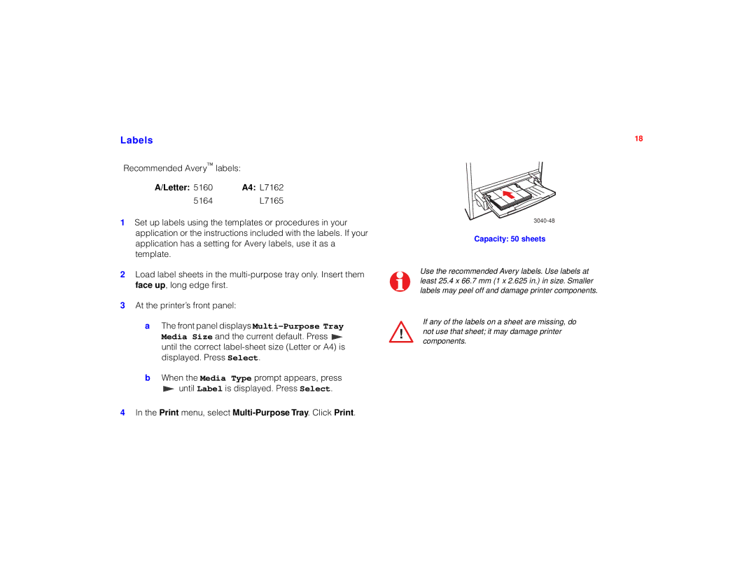 Tektronix PHASER 780 manual Labels, Capacity 50 sheets 