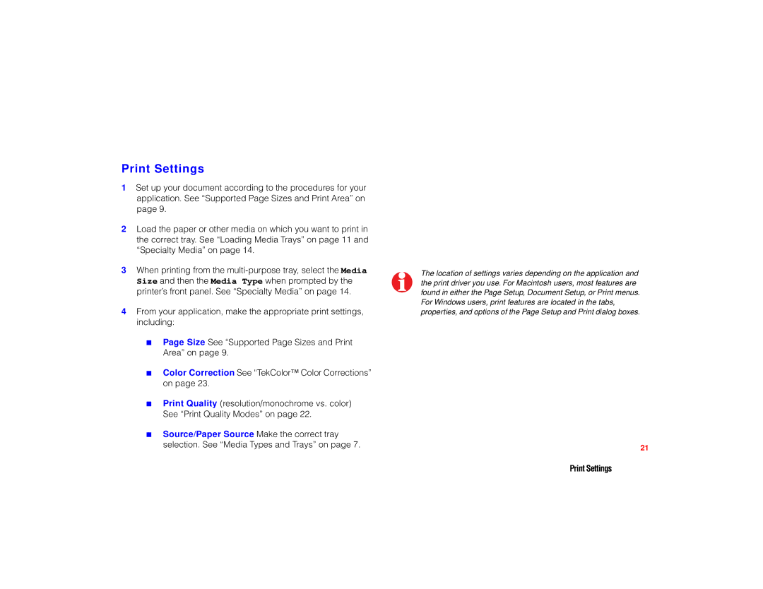 Tektronix PHASER 780 manual Print Settings 