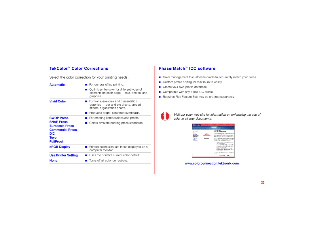 Tektronix PHASER 780 manual TekColor Color Corrections, PhaserMatch ICC software 