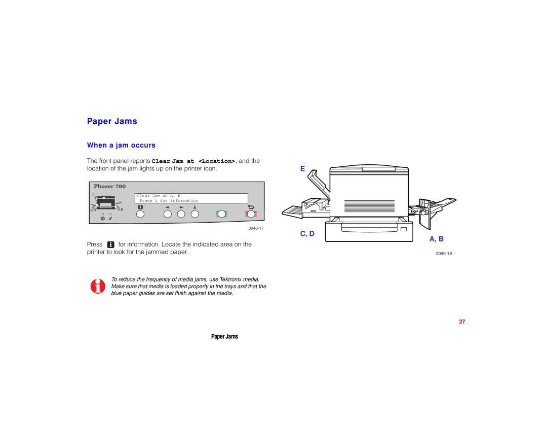 Tektronix PHASER 780 manual Paper Jams, When a jam occurs 