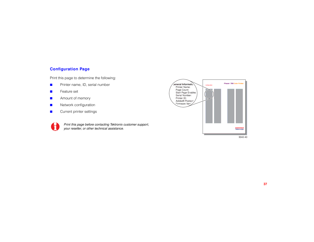 Tektronix PHASER 780 manual Conﬁguration, General Information 