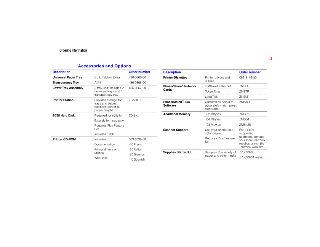 Tektronix PHASER 780 manual Accessories and Options 