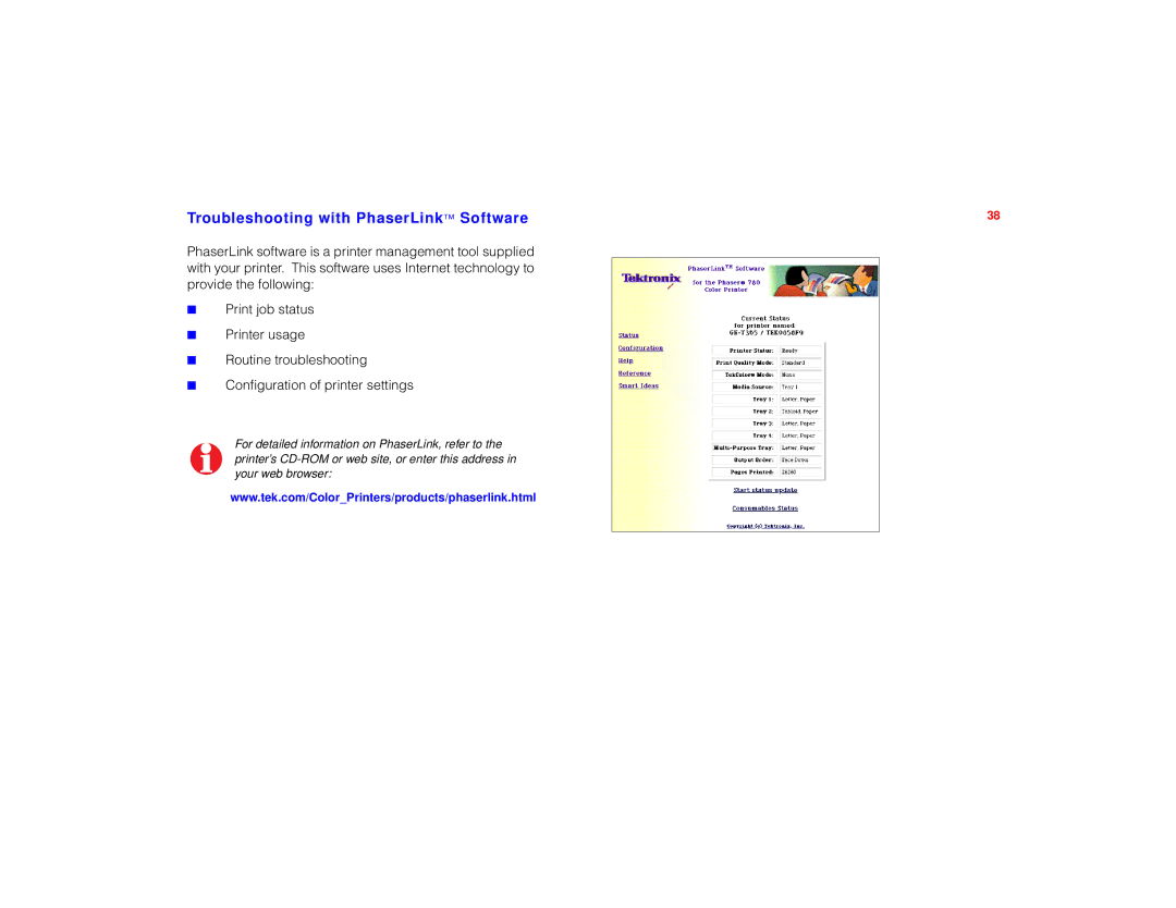 Tektronix PHASER 780 manual Troubleshooting with PhaserLink Software 